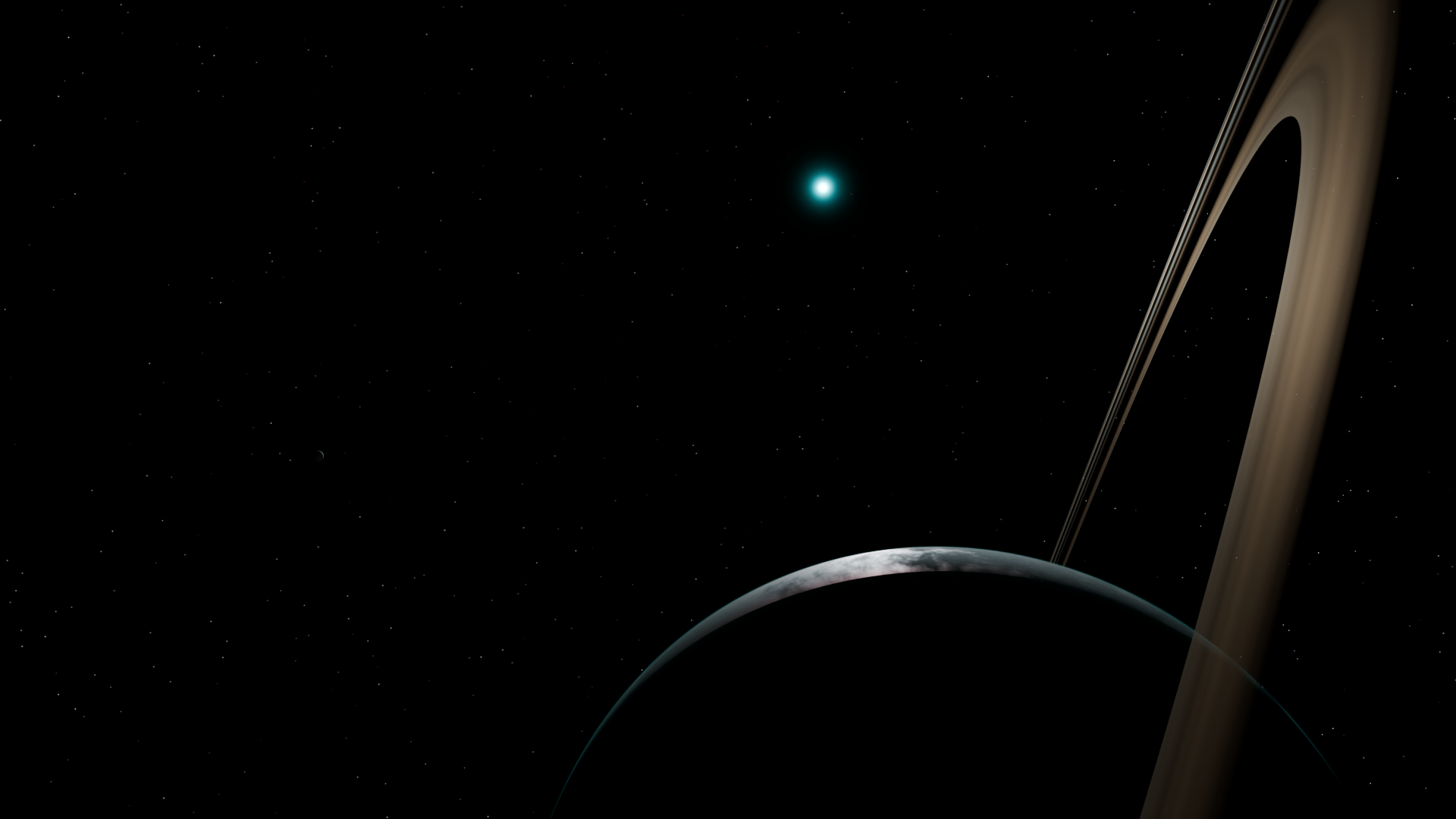 A horizon shot of a terrestrial planet with brown rings