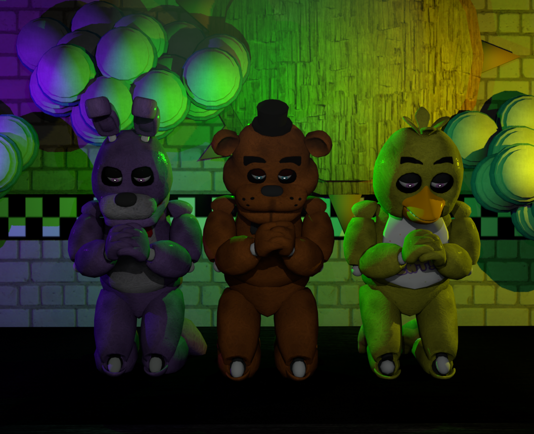The main three characters from 'Five Nights at Freddys' praying